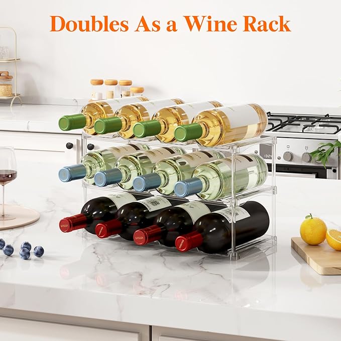 Lifewit Stackable Bottle Storage Organizer, Clear Freestanding Wine Holder for Cabinet, Large Slot Water Bottle Tumbler Cup Organizer for Pantry, Plastic Wine Rack for Fridge Cellar, 3Tier Hold 12