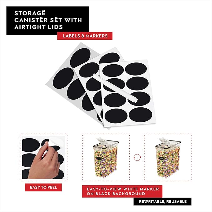 DWËLLZA KITCHEN Cereal Containers Storage 4L Set of 4 Airtight Food Storage Containers with Lids Cereal Dispenser Countertop Pantry Organization Canister for Rice Flour & Sugar 1 Marker 8 Labels