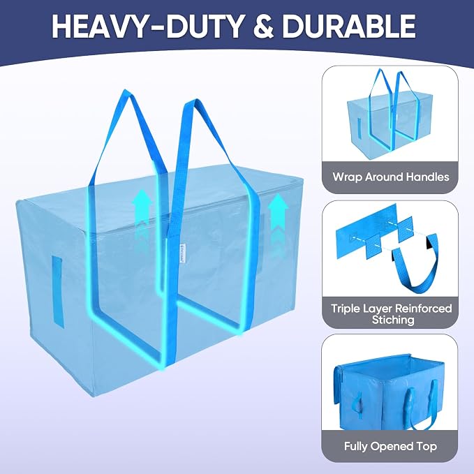 TICONN 2 Pack Extra Large Moving Bags Heavy Duty with Zippers & Carrying Handles, Durable Storage Bags Moving Boxes for Closet Organizers and Storage (2 Pack, Sky Blue)