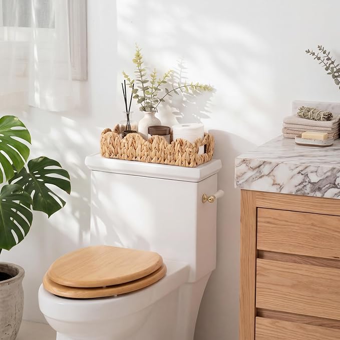 StorageWorks Wicker Scalloped Basket, Small Bathroom Baskets for Storage | Water Hyacinth Decorative Toilet Paper Basket with Handles , Back of Toilet Basket Tank Topper for Bathroom Decor