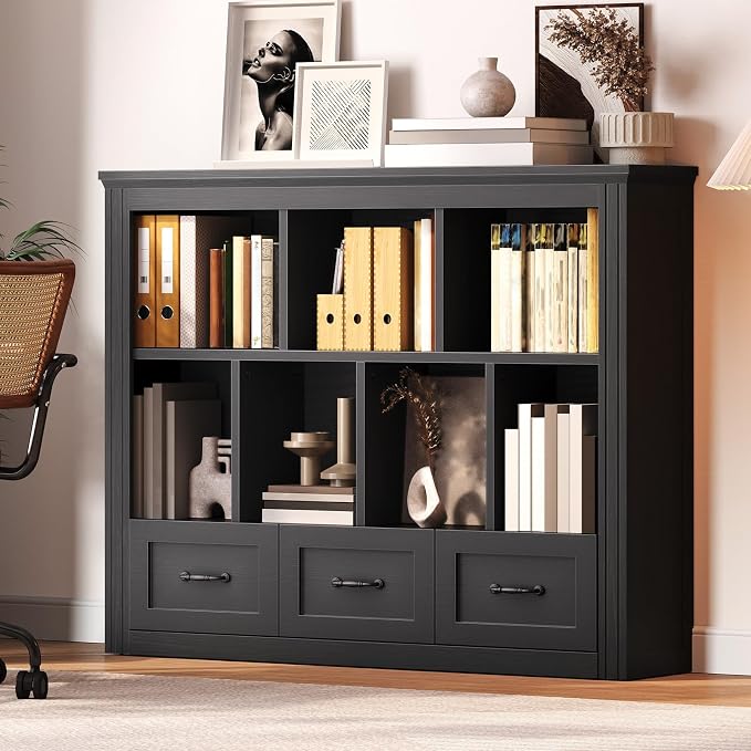 10 Cube Bookshelf Set of 2, Wooden Cubby Storage Organizer, Farmhouse Short Bookcase, Cube Shelf Bookcase with 3 Drawers, 3 Tiers Floorstanding Open Bookshelf, Black