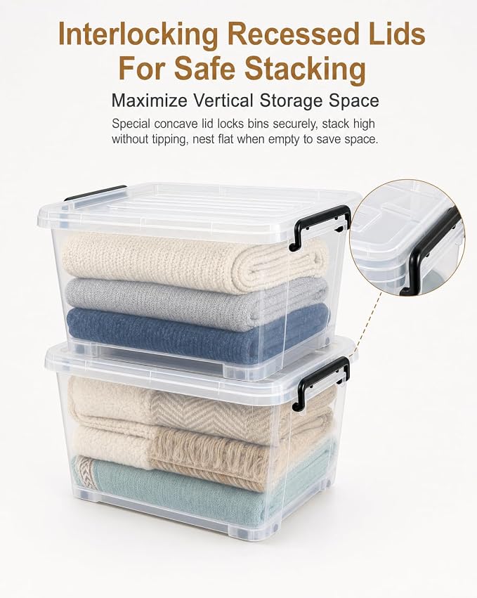 NUMIFUN 15QT Storage Bins with lids, Stackable Space Saver for Family | 4-pack BPA-free plastic boxes with secure latches. Deep recessed lids ensure safe stacking for closet & garage storage.