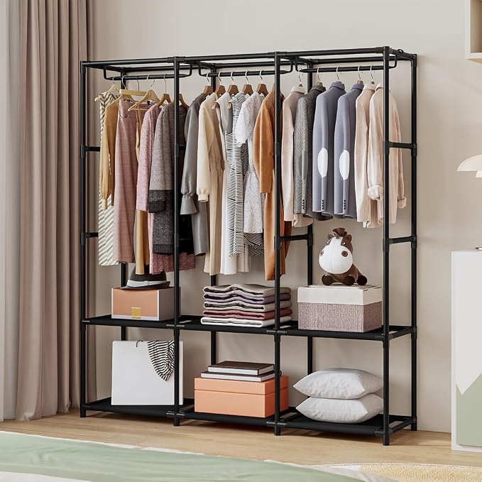 SORCEDAS Portable Closet Wardrobe with Hanging Rods Shelves Clothes Storage | 50 Inch Closet Organizers and Storage with Non-Fabric Cover,Freestanding Clothes Closet for Bedroom,dorm,Storage Rooms Black