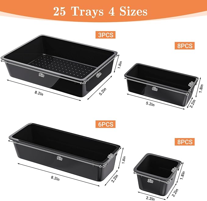 SpaceHacks 25 PCS Plastic Drawer Organizer Set, 4-Size Versatile Organizer Trays & storage Bins for Makeup, Jewelry, and Gadgets in Bathroom, Bedroom and Office, Black