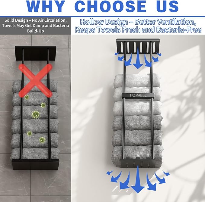 2-Tier Wall-Mounted Towel Rack with Hooks & Shelf, Black Metal Towel Holder for Small Bathrooms (Standard Version)