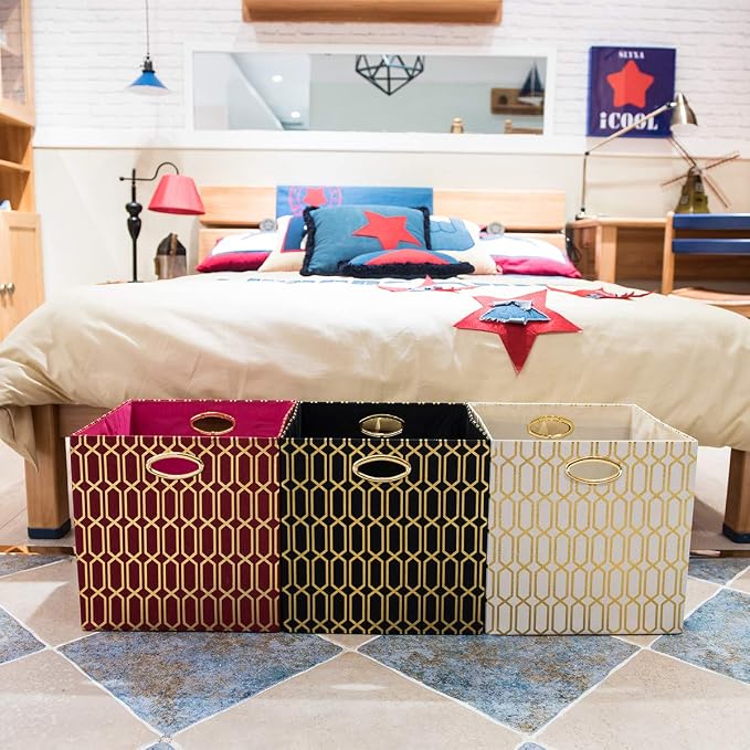 Posprica Storage Bins, Storage Cubes,13×13 Fabric Drawers Organizer Basket Boxes Containers (13×13×13/4pcs, Cream/gold geometry Pattern)