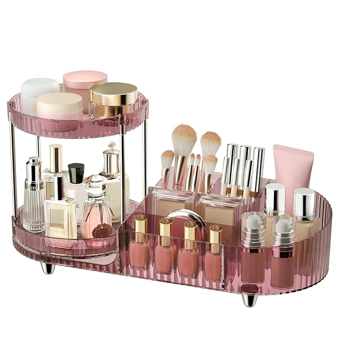 360 Rotating Makeup Organizer for Vanity, 2 Perfume Trays with 5 Compartments Cosmetic & Skincare Storage, Multi-Purpose Countertop Organizers for Bathroom, Desk, Pantry, Space-Saving Beauty Organizer
