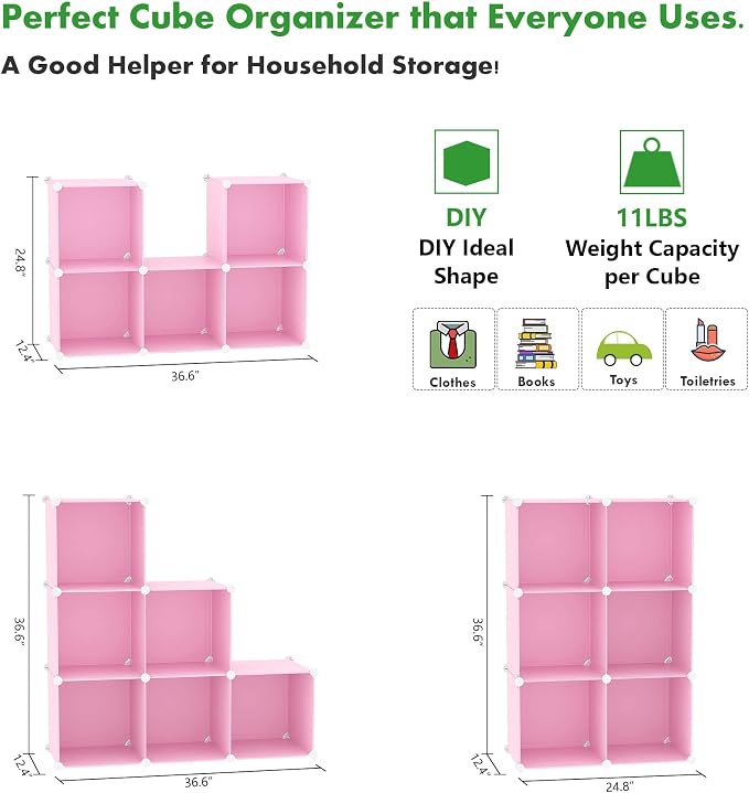 C&AHOME 6-Cube Storage Organizer Cube Shelf Closet Storage Bookcase, Pink | Stackable Cubby Storage, Bookshelf, Portable Plastic Storage Closet Organizer, DIY Modular Shelving Units for Home, Wardrobe