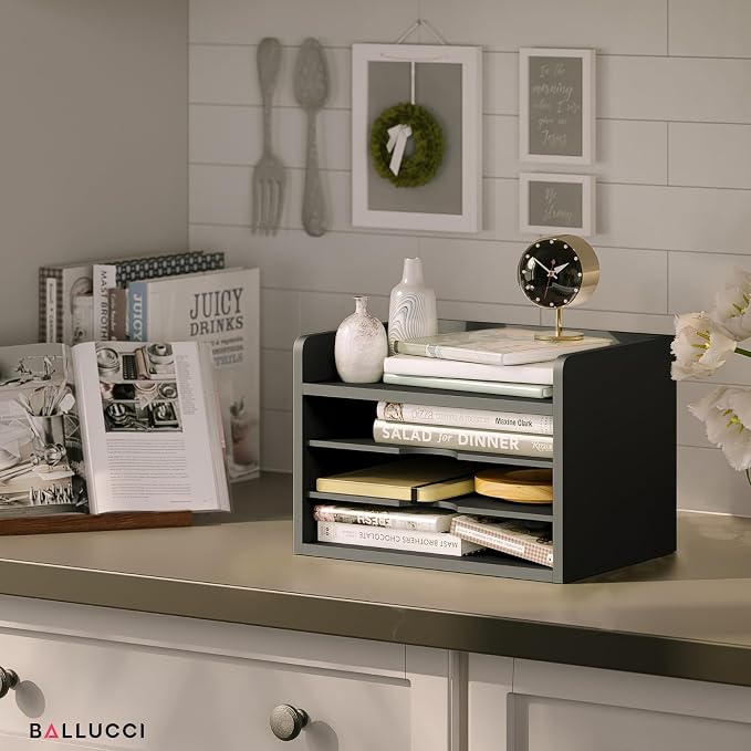 Ballucci File Organizer, 4-Tier Office Desk Organizer, Open Top Wood Paper Organizer for Classroom, Desktop Mail Sorter Paper Tray, Black