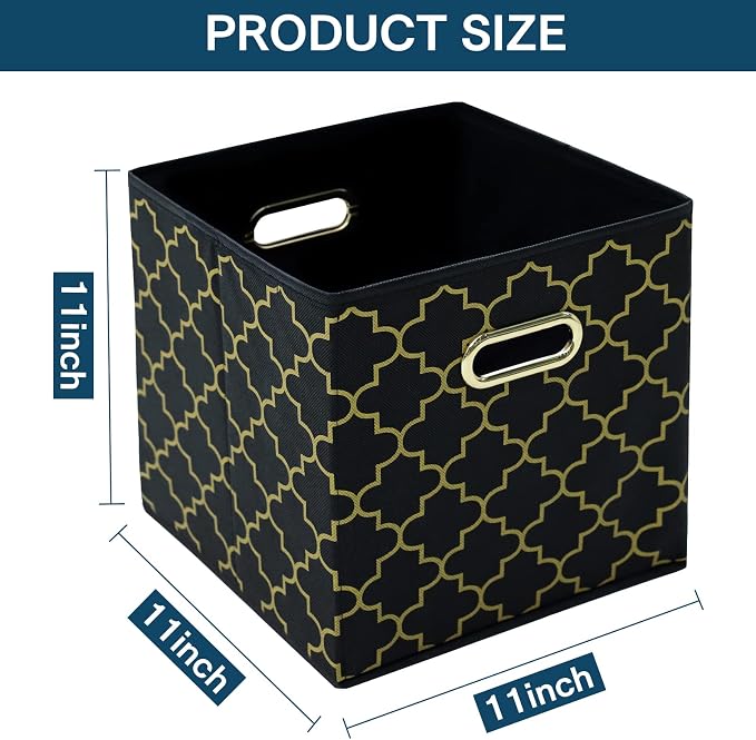 Fabric storage bins Cubes, Fabric Cube Organizer with Handle, Foldable Cube Bins for Cloth or Accessary Storage, 11x11x11, Set of 3, (Black Gold)