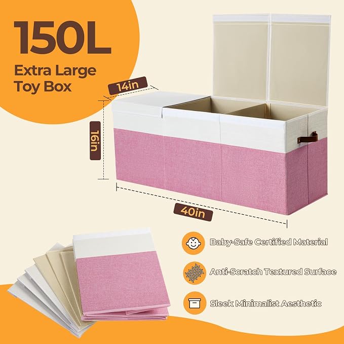Extra Large Toy Box with Lid,Collapsible Toy Storage Chest Bin,Pink | 40"x14"x16",150L Large Capacity,Sturdy Kids Organizer,Toybox,Toy Bin for Boys & Girls,Living Room,Nursery,Bedroom,Playroom