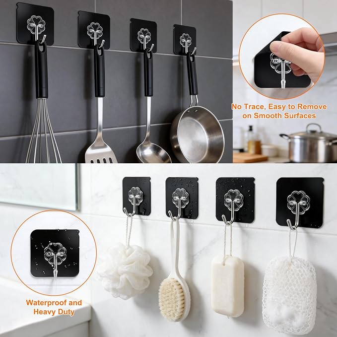DDMY Adhesive Hooks for Hanging Heavy Duty 2026 Upgraded Black 24 Pack Sticky Wall Hooks 50lbs(Max) Reusable No Damage Hook Super Strong Waterproof for Bathroom, Kitchen, Home, Office and Outdoor