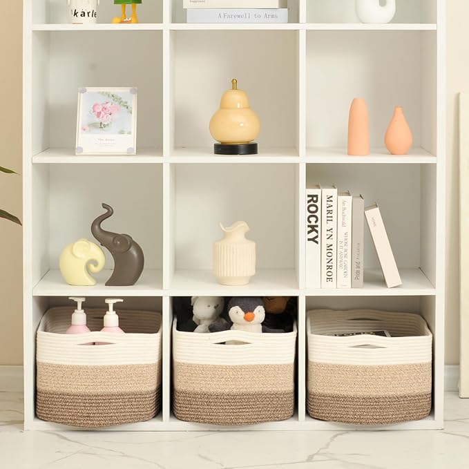 ICERZCZ Large Storage Baskets for Organizing Shelves, Woven Cotton Rope Bins for Baby Nursery Organization, Book Toy Towel Organizer, 17"x13"x9.5", 3 Packs, Gradient Brown