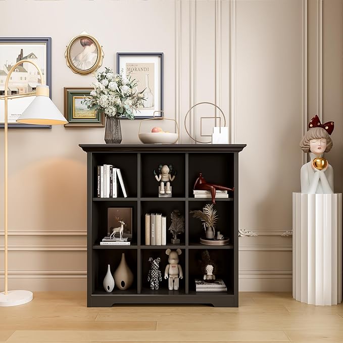 OSCHF 9-Cube Open Bookcase with Base, 3-Tier Wooden Bookshelf, Black | Curved Base, Crown Molding, Fits 11×11" Bins, Modern Storage Cabinet for Living Room, Bedroom, Home Office