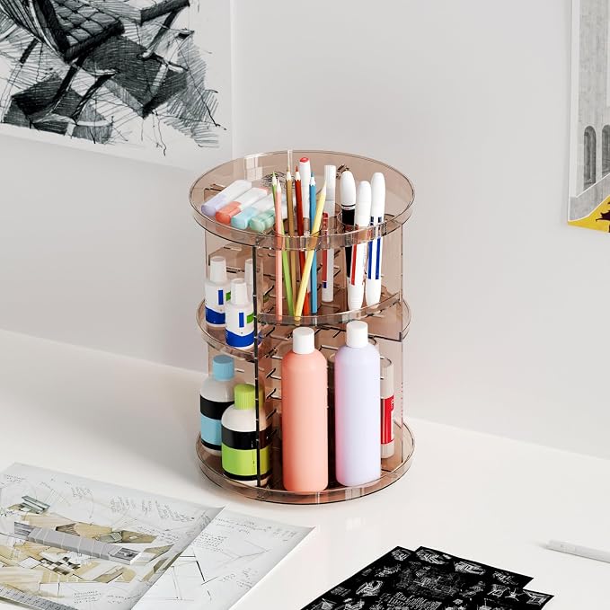 Rotating Makeup Organizer, DIY 8 Adjustable Layers Spinning Skincare Storage, Cosmetic Display Case with Brush Holder and Perfume Tray, Multi-Function Vanity Bathroom Countertop Organizer Clear Coffee