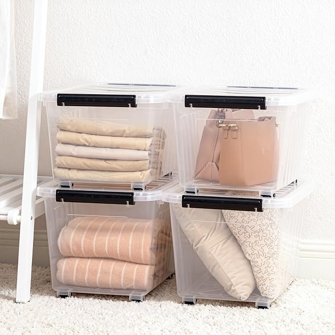 Citylife 54 Quart Large Clear Plastic Storage Bins with Lids 4-Pack | Stackable, Secure Latching Lids, Easy Find, Clothes Storage Bins for Closet Bedroom Garage