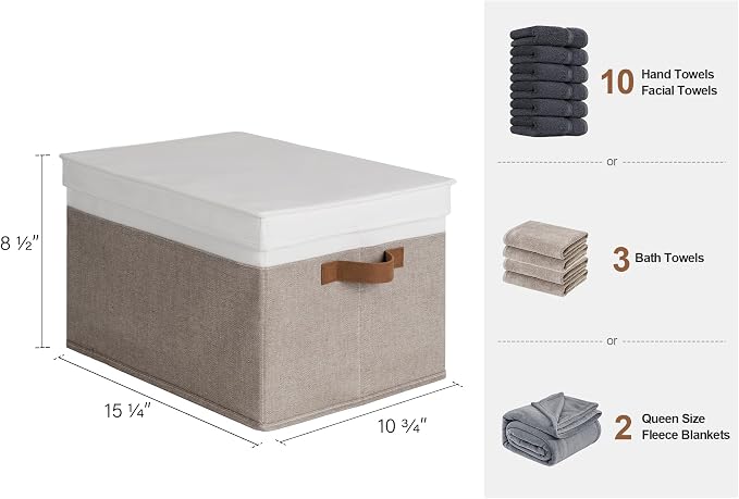 StorageWorks Fabric Storage Bins with Lids, Decorative Storage Bins with PU Handles, Foldable Storage Baskets for Closet, Shelves, Stackable and Sturdy Organization, Brown and White, Large, 3-Pack