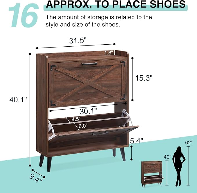 Barnyatoh Farmhouse Shoe Storage Cabinet with 2 Flip Drawers & Barn Door | Freestanding Hidden Slim Narrow Shoe Rack, Adjustable Shelves,Wood Shoes Organizer for Entryway, Foyer, Hallway,Walnut