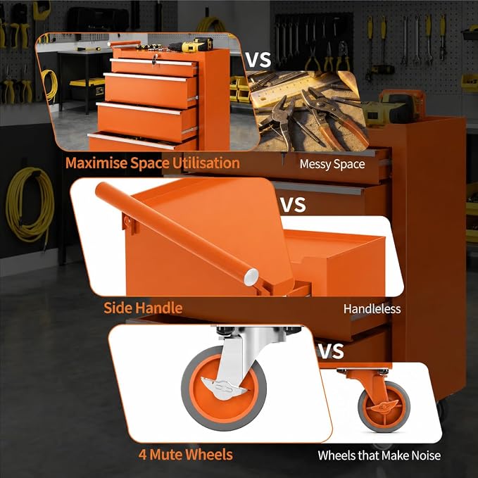 Garvee Rolling Tool Chest, 4 Drawers Tool Storage Cabinet, Toolbox with Wheels, Portable Tool Cabinet Organizer with Locking System & Drawer Liners, Tool Storage Cart for Garage, Workshop, Orange