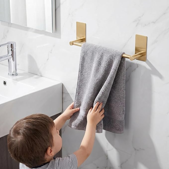 Songtec Gold Towel Bar 12-Inch, Adhesive Stick On Bath Towel Rack No Drill, Strong Adhesion Tape Mount Towel Holder, Stainless Steel - Brushed Gold