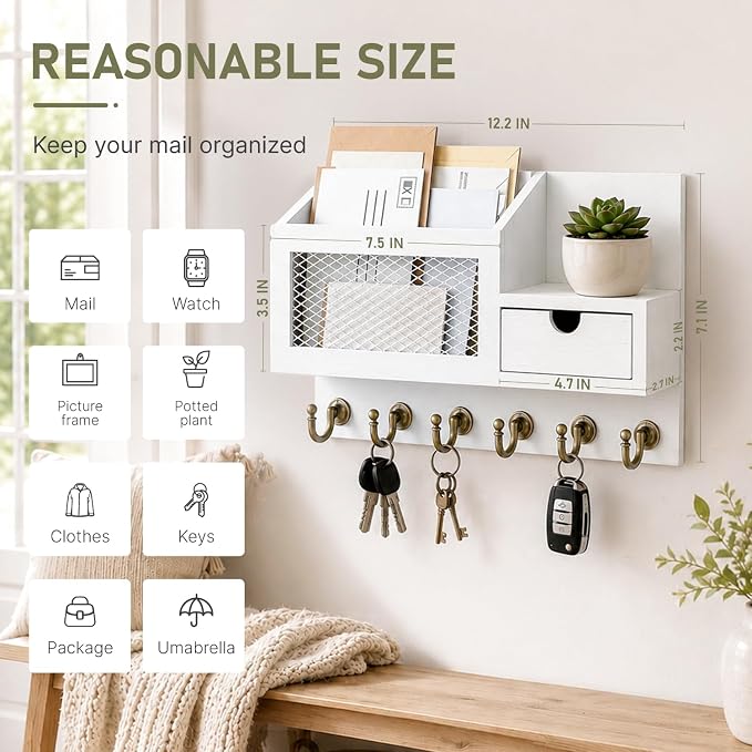 FifthQuarter Key Hanger Wall Mount with Drawer and 6 Sturdy Key Hooks | Wooden Entryway Organizer and Decorative, Easy Installation