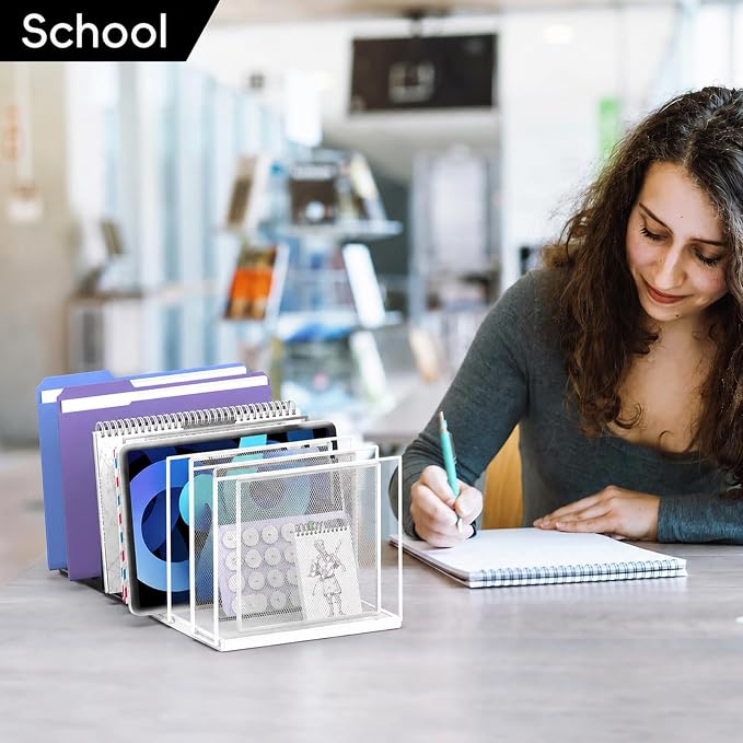 File Organizer for Desk, 7-Section Vertical File Sorter, Paper Holder Organizer Standing Metal File Folder for Office Home Classroom, White
