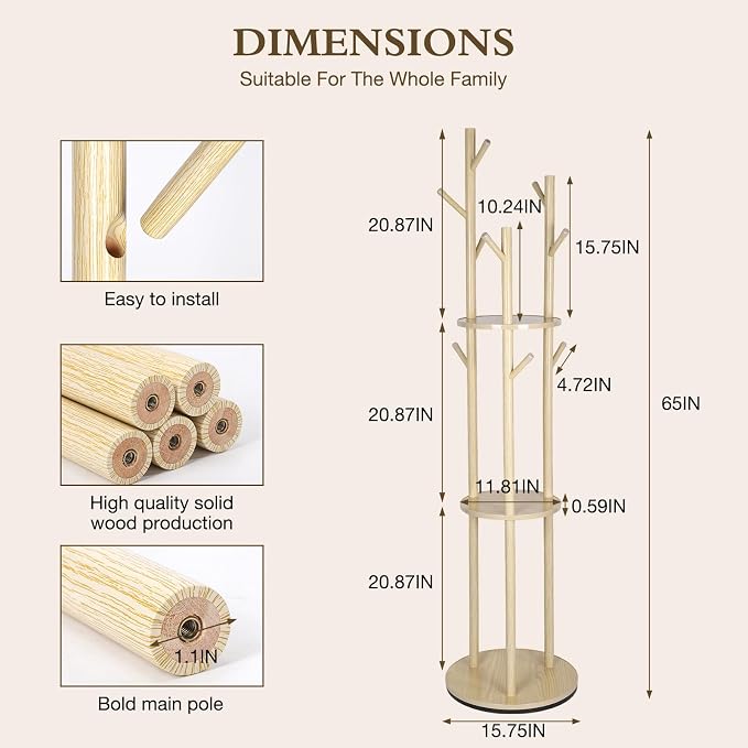 Wood Coat Rack Freestanding Rotary Coat tree with 3 Shelves and 9 Hooks | Heavy Duty Coat Rack Coat Hanger Stand for Entryway, Bedroom, Living Room – Holds Jackets, Coats, Hats, Bags (Natural)