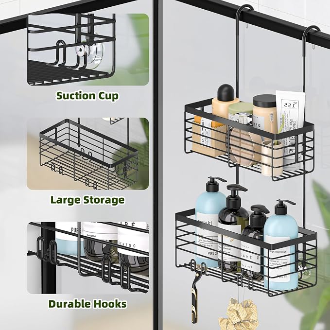 YUOROS 2 Tier Hanging Shower Caddy (Black) | Over the Door Shower Organizer Rack Organizer Stainless Steel Rustproof