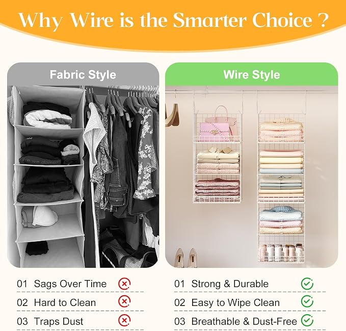 Yuyetuyo ﻿5 Tier Hanging Closet Organizer Separable Hanging Closet Shelves with 4 Hooks 2 Adjustable Dividers, Wire Storage Basket Bins for Clothing Sweaters Socks Dolls Handbags, Foldable