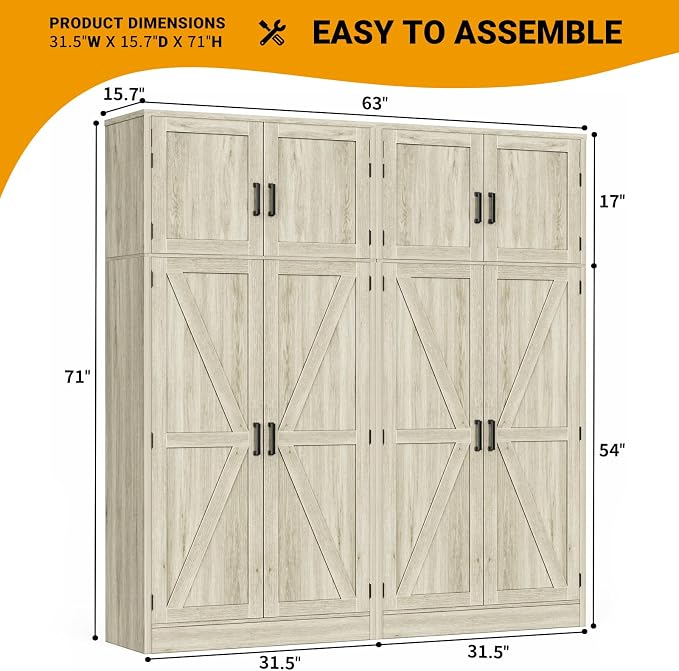 Unikito 71” Tall Pantry Cabinet with Adjustable Shelves, Wash Gray, 2 Pack | Large Storage Cabinet, Farmhouse Barn Doors, Sturdy and Deep, Versatile for Kitchen, Dinning Room, Living Room, Bathroom