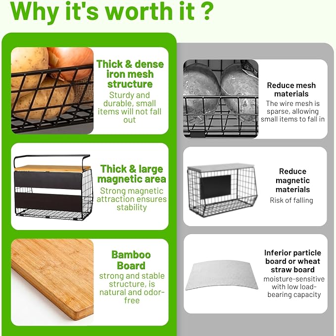 Magnetic Shelf for Fridge with Wood Lid, Fruit Potato and Onion Storage Bins, Pantry Organizers & Storage, Large Container Magnetic Spice Rack for Refrigerator, Kitchen Counter, Cabinet