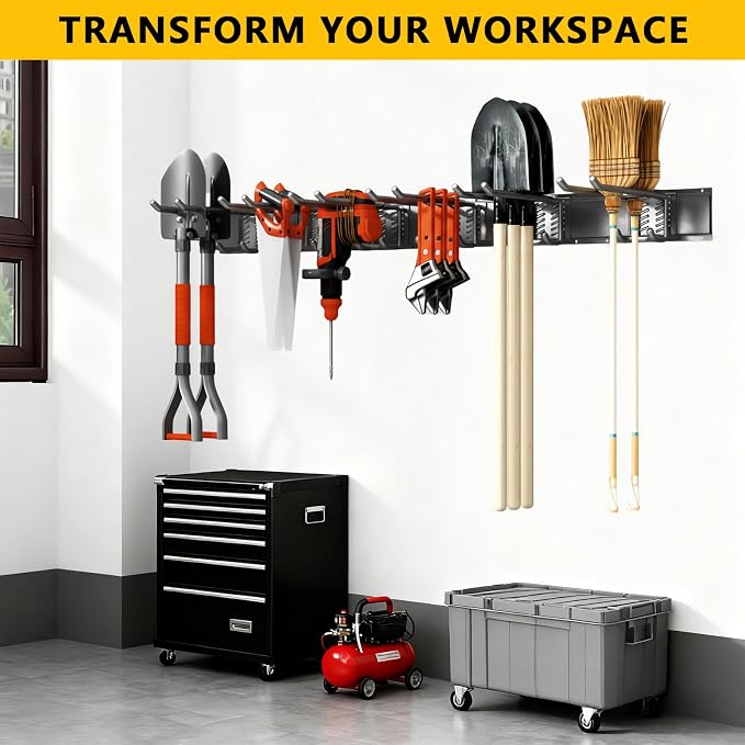 Garage Tool Organizer Wall Mount, 48inch Heavy-Duty Garage Storage System and Garden Tool Organizer with 7 Adjustable Hooks for Shovel, Snowboard, Yard Tools and Shed