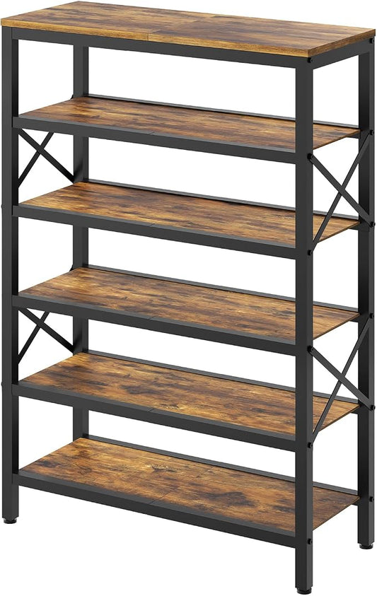 6-Tier Tall Shoe Rack Organizer, Wooden Shoe Storage for Closet Holds 24 Pairs, Sturdy Shoe Shelf with X-Shaped Metal Support, for Entryway, Bedroom, Rustic Brown and Black SS206BR