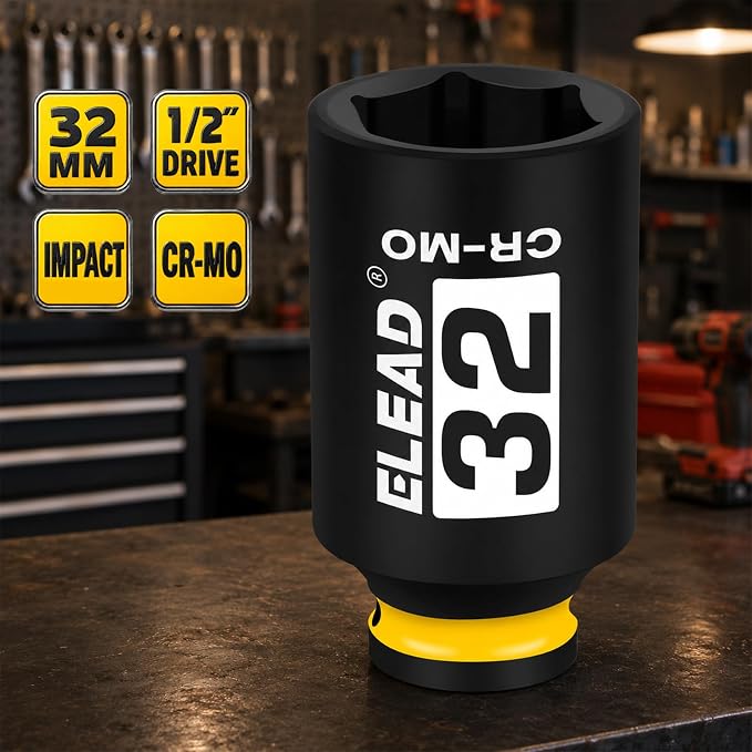 32 mm Socket 1/2" Drive Deep Impact Socket, Metric 6 Point 1/2-inch Drive Impact Axle Nut Sockets, CR-MO Nut Socket Set, Tools for Easy Removal of Axle Shaft Nuts
