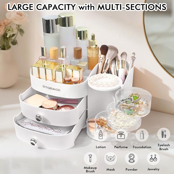 Makeup Organizer Countertop with Drawers, Make up Organizers for Vanity | Skincare Jewelry Earring Organizers, Cosmetic Display Cases Makeup Storage for Bathroom|Dresser, Ideal Gifts for Women(White)