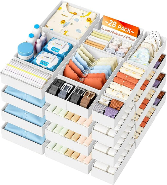 DIMJ Drawer Organizer Clothes 28 Pack - Foldable Baby Organizers and Storage & Closet Organizers for Bedroom, Closet - Nursery Organization Dresser Dividers for underwear, Sock,Bra, Belt, Tie,White