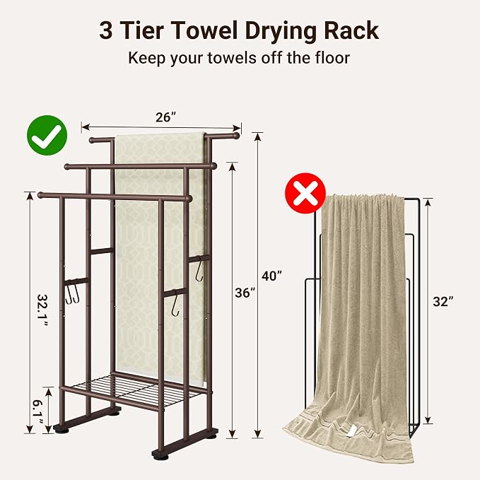 ELYKEN 3 Tier Freestanding Towel Rack with Shelf, 40" H Towel Stand, Bronze | Metal Drying Rack for Oversized Bath Towels & Blankets, 4 Hooks, Indoor & Outdoor Use, Fits Bathroom, Tub, Shower, Poolside