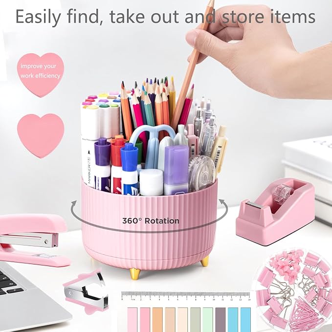 Pink Office Supplies,Desk Accessories,Desk Organizer,Phone Stand,Scissors,Stapler,Tape Dispenser,Binder clips,Staples,staple remover,Sticky Notes,Index Tabs,Clear Tape,Mini Box Cutter,Cool Pen 16pcs