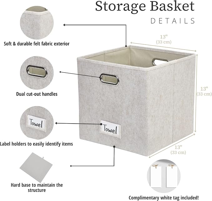 DECOMOMO Felt Storage Bins, 13 inch Cube Storage Bin with Labels | 4 Pack Storage Baskets for Shelves, Kallax (Beige)