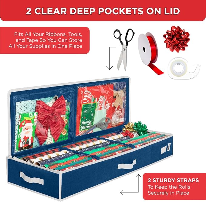 HOLDN’ STORAGE Premium Wrapping Paper Storage Container, Blue | Durable 600D Tear-Proof, Fits 27 Rolls Gift Wrap, Extra Pockets for Ribbons & Bows, Underbed Storage