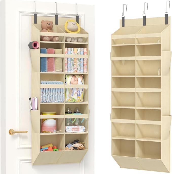 Lifewit 1 Pack Over the Door Organizer, 10 Section Clear Window Hanging Storage with 4 Side Pockets, Sturdy Anti Tilt 40 lbs Load Behind Door for Closet, Bedroom, Bathroom, Nursery, Dorm, Beige