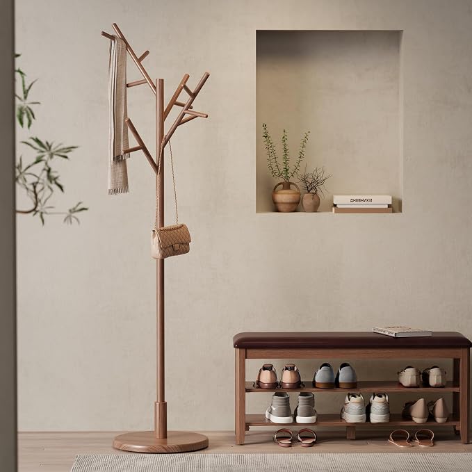 Coat Rack, Solid Wood Coat Rack Freestanding With 12 Hooks, Coat Tree Freestanding Heavy Duty 3 Adjustable Heights For Coat, Hats, Handbags, Coat Hanger Stand For Entryway, Bedroom, Walnut