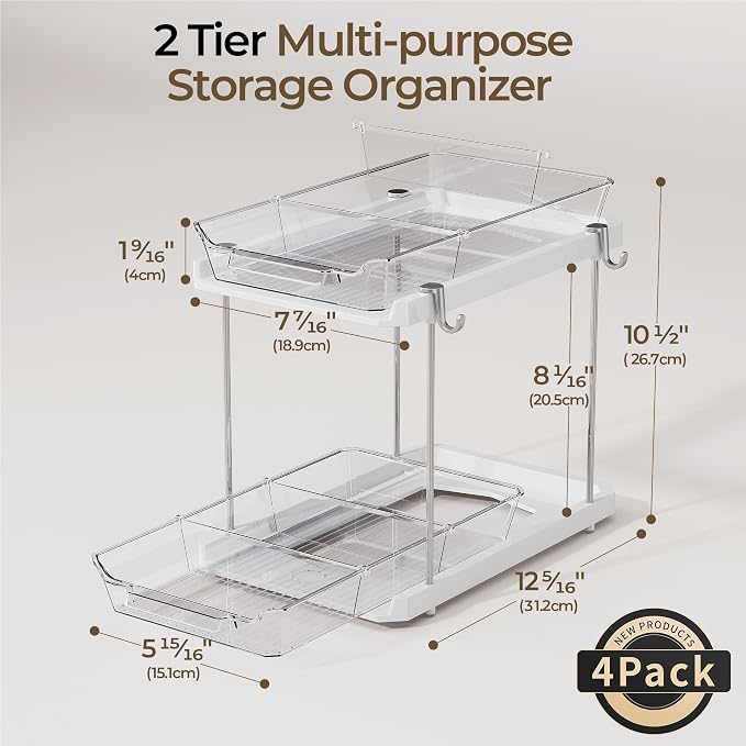 Delamu 2 Tier Under Sink Organizer Bathroom, Bathroom Cabinet Organizer with Snap-Lock Design and Hooks, Pull Out Storage with Movable Dividers, for Countertop, Kitchen and Pantry (White, 4 Pack)