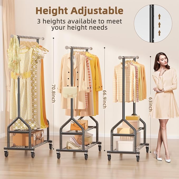 EAGMAK Heavy Duty Clothes Rack Load 556 LBS, Rolling Clothing Rack With Shelves, Height Adjustable Metal Clothes Hanger with Wheels Portable Wardrobe Organizer Garment Rod for Hanging Clothes (Black)