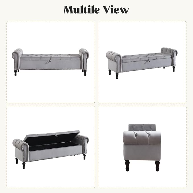 Velvet Storage Bench 67 Inch Upholstered Tufted Ottoman Bench with Arms King Size End of Bed Bench for Bedroom Living Room Entryway Light Grey