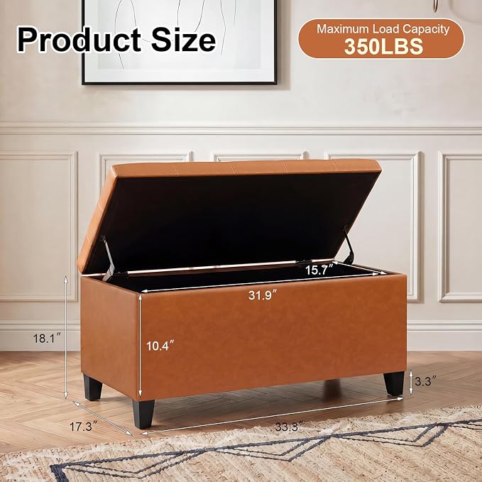 Storage Ottoman Bench, 33" Faux Leather Upholstered End of Bed Bench with Safety Hinge,Wooden Legs,for Entryway Bedroom Living Room