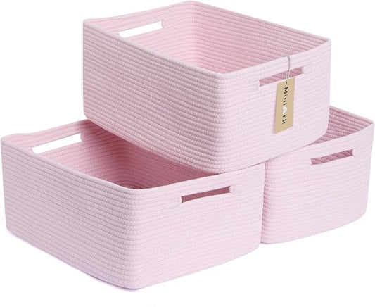 MiniArk Large Storage Baskets for Shelves, 17 x 13 x 7.5” Closet Organizers Bins for Clothes Blanket Towels, Baby Nursery, Toy Baskets Box, Woven Rope Baskets, 3 Packs Light Pink