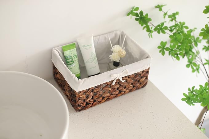Water Hyacinth Storage Basket Small with Metal Frame & Removable Liner, 11.8”×7.9”×5.5” Rectangular Woven Organizer Bin for Bathroom Vanity, Desk, Nursery, Closet, Home Organization