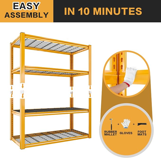 REIBII 40" W Yellow Garage Shelving with Double-Layer Frames for Homeowners | 2240Lbs, Adjustable, 10-Min Easy Assembly, Wire Mesh Panels, for Garage Basement Warehouse Commercial, 40"W×19.5"D×59.5"H, 2P