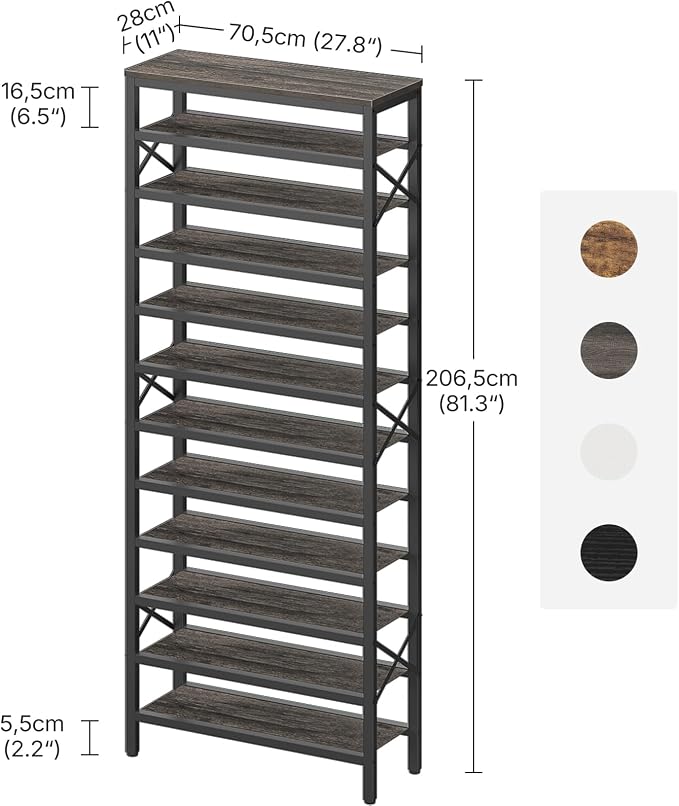 12-Tier Tall Shoe Rack Organizer, Wooden Shoe Storage for Closet Holds 48 Pairs, Sturdy Shoe Shelf with X-Shaped Metal Support, for Entryway, Bedroom, Charcoal and Black SS212BC
